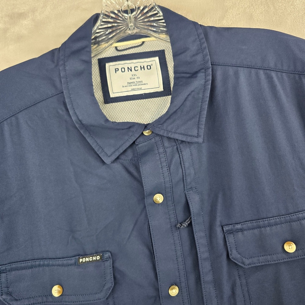 Poncho Shirt Men XXL Slim Navy Blue Short Sleeve Magnetic Pockets Outdoor